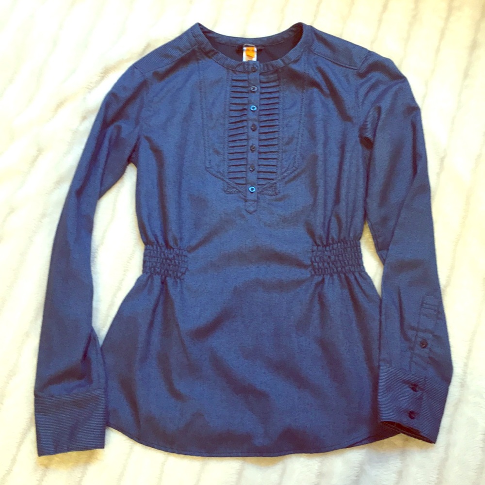Lucy blue striped elastic gathered long sleeve top